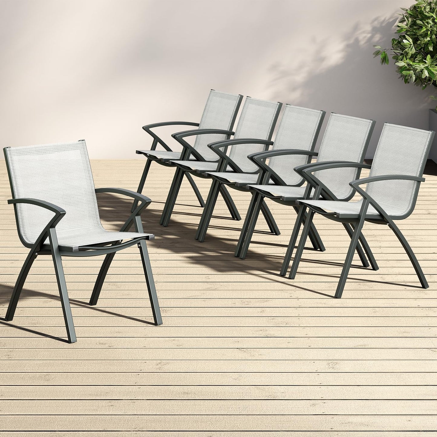 Patio Dining Chairs Set of 6, Outdoor Stackable Chairs with Metal Frame and Backrest, All Weather Breathable Patio Lawn Chair for Garden and Backyard