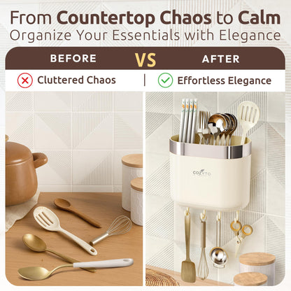 COZYTO LuxTray U1-Pro Wall Mounted Utensil Holder – Kitchen Organizer with Hooks, Dividers & Drain Tray, No-Drill Adhesive Wall Mount Storage, BPA-Free (Cream White & Shiny Silver)