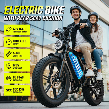 SISIGAD Electric Bike for Adults, Peak 1500W Motor, Range 70Miles, Fat Tire 20" Retro Ebike, 48V 15Ah Removable Battery, 7-Speed E Bike for City Commuting, Off-Roading, Mountain, UL 2849 Dark Black