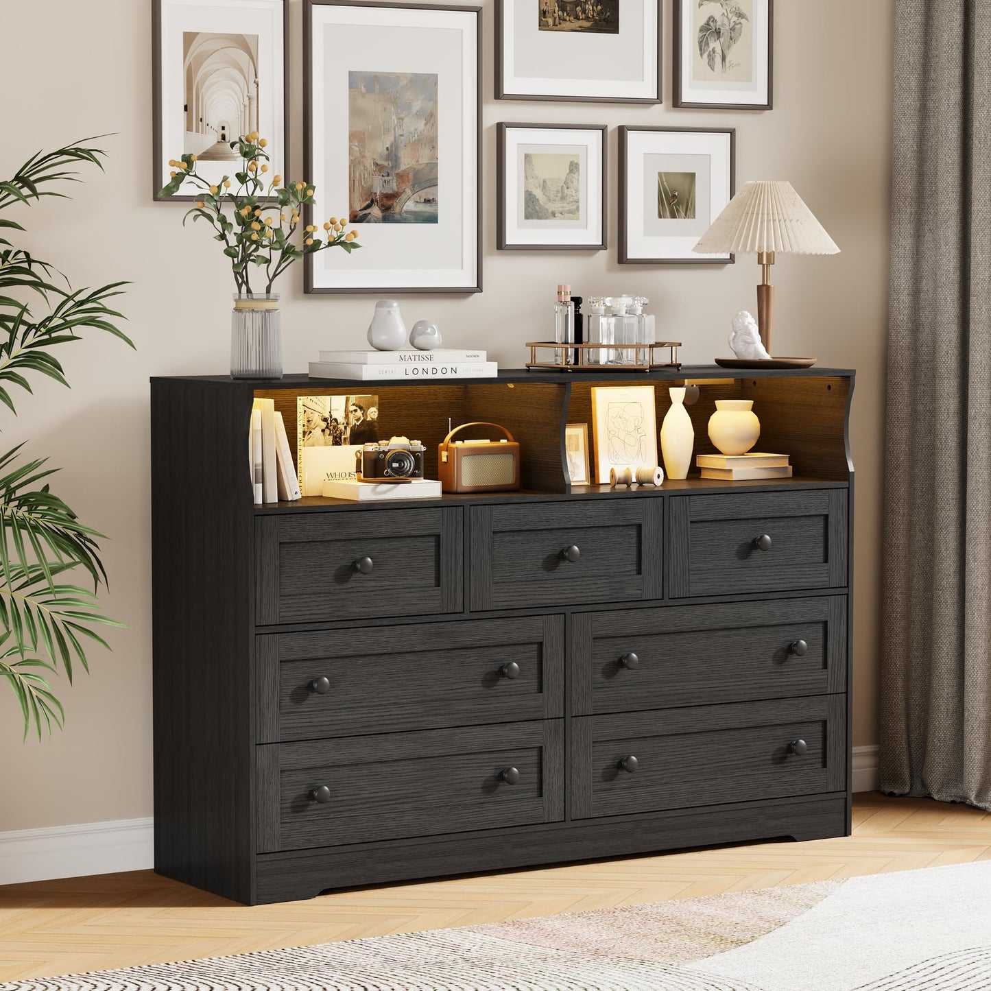 IDEALHOUSE Dresser for Bedroom with 7 Drawers, LED Lights & Charging Station, Wooden Chest with 2 Open Compartments, Freestanding Storage Organizer for Closet, Nursery, Entryway, Black