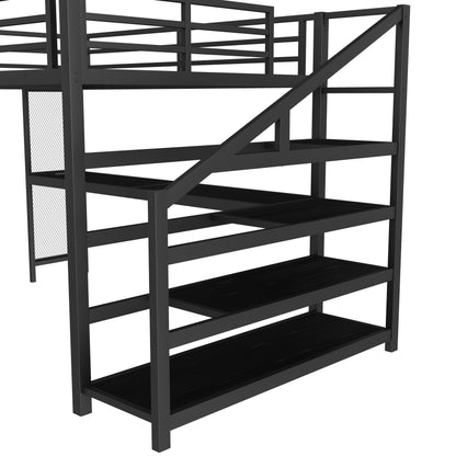 Bellemave Queen Loft Bed with Desk & Storage Stairs, Metal Queen Size Loft Bed Frame with Iron Nets, LED Lights & USB Ports, Heavy Duty Adult LoftBed for Bedroom, Noise-Free, Black Wood