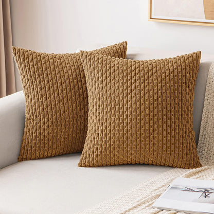MIULEE Pack of 2 Decorative Throw Pillow Covers 18x18 Inch Soft Boho Striped Textured Corduroy Pillow Covers Modern Farmhouse Home Decor for Couch Bed Sofa Living Room Cream White