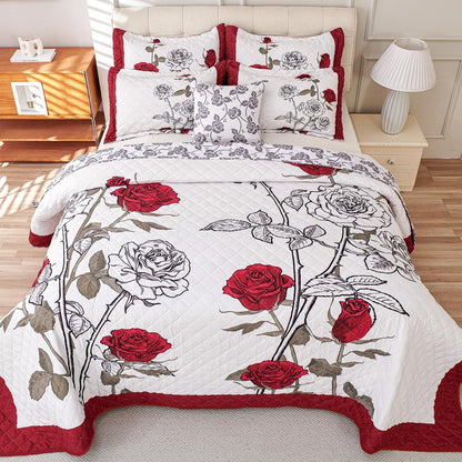 EVENHUG Quilt Queen Size Red Rose Bedding Set Floral Bedspread Lightweight Reversible Bed Cover with 2 Pillow Shams for All Seasons 3 Pieces (92"X96")