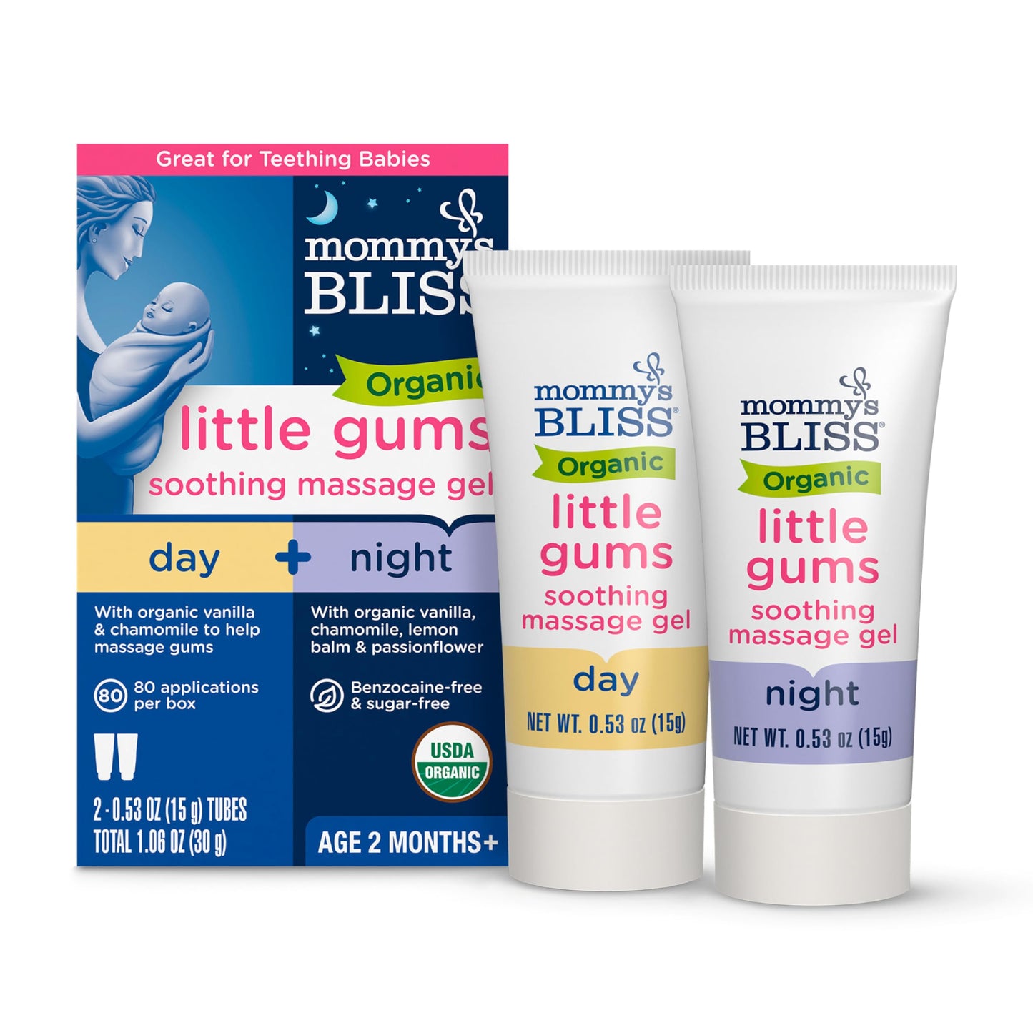Mommy's Bliss Organic Little Gums Soothing Massage Gel Day and Night Combo, Great for Teething Babies, Age 2 Months+, Sugar Free, Mild & Sweet Flavor, 2 - 0.53 Oz Tubes (Pack of 1)