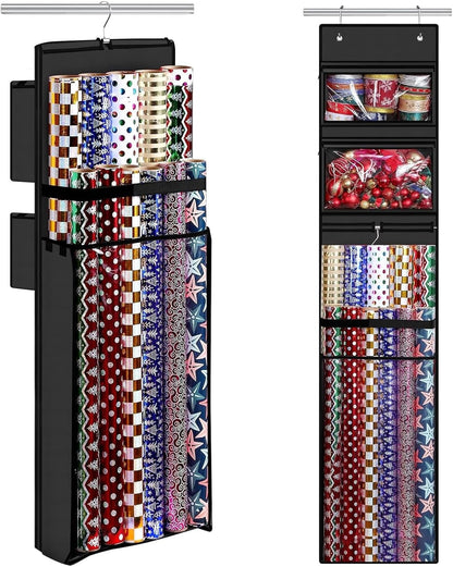 Woodoulogy Wrapping Paper Organizer - Double-Sided Gift Wrap Roll Holder | 63"x13" Over Door Storage, Black