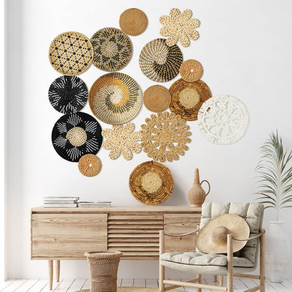 Xuhal 15 Pcs Boho Wall Basket Decor Handcrafted Seagrass Woven Wall Basket Rustic Round Woven Hanging Art for Home Farmhouse Kitchen Table Living Room(Stylish Style)