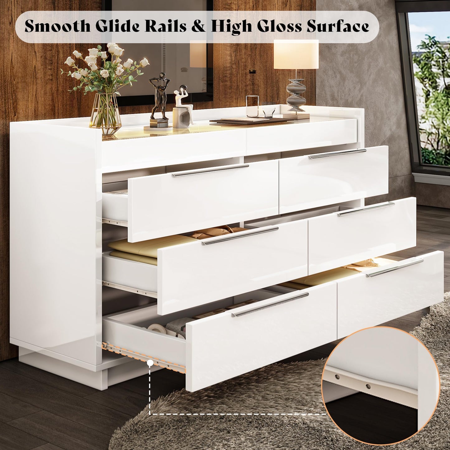 AMERLIFE 47.2" W 8 Drawer Dresser with LED Light & Glass Top, Modern High Gloss Storage Chest with 2 Jewelry Drawers, Storage Organizer for Bedroom, White