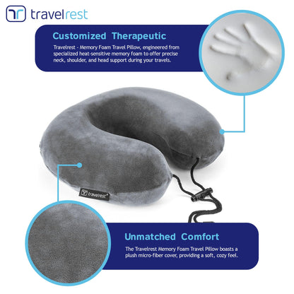 TRAVELREST Nest Neck Pillow Travel Essentials - Memory Foam Pillow and Patented Design, Support for Long Flights, Travel Accessories, Comfortable and Compact, Washable, Attaches to Luggage - Gray