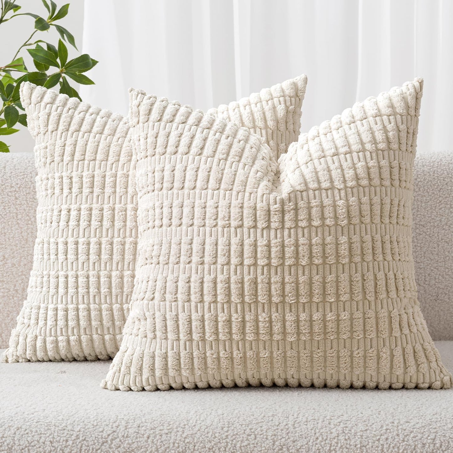 MIULEE Corduroy Decorative Throw Pillow Covers - Soft Boho Striped Design, 12x12 Inch, Cream White | Modern Farmhouse Home Decor