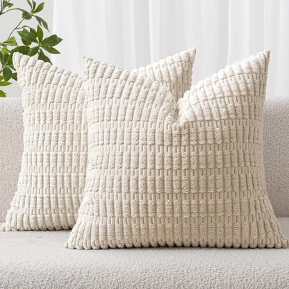 MIULEE Corduroy Throw Pillow Covers - Soft Boho Striped Design | 12x12 Inch Cream White Decor