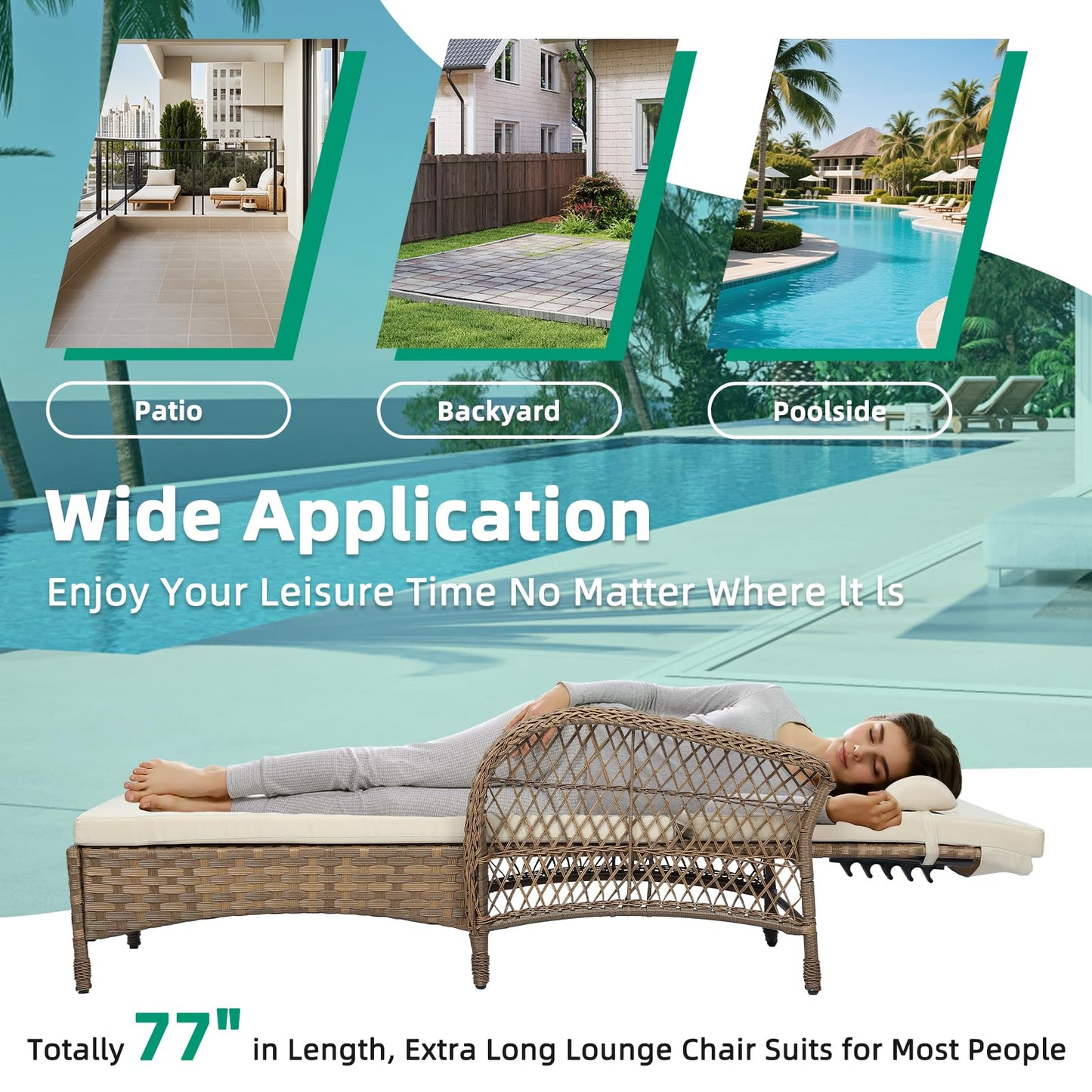 VIVIJASON 3 Pieces Outdoor Wicker Chaise Lounge Chair Set, All-Weather PE Rattan Cushioned Patio Lounger Set of 2 with Side Table, Adjustable Pool Sunbathing Recliner with Armrest & Pillow, Beige