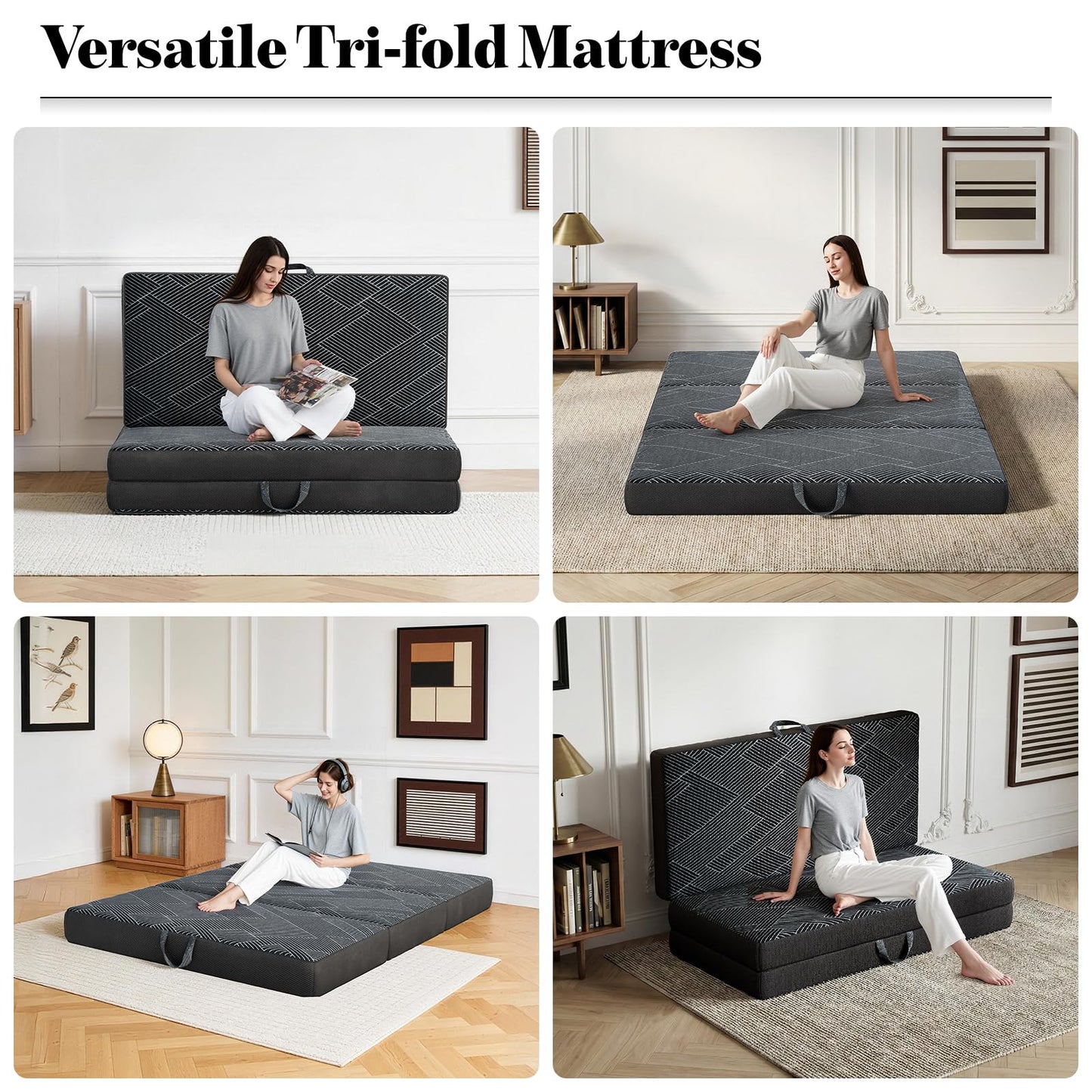 Tri Folding Mattress King Size - Foldable Mattress Trifold Memory Foam Mat with Washable Cover, Handle & Non-Slip Bottom Portable Foldable Floor Sofa Bed for Travel Camping Guest - 6 Inch, 80"x76"x6"