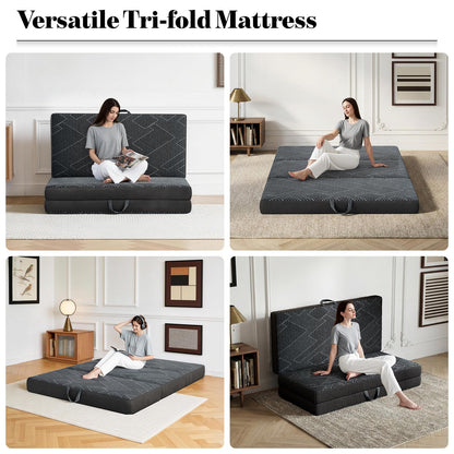 Tri Folding Mattress King Size - Foldable Mattress Trifold Memory Foam Mat with Washable Cover, Handle & Non-Slip Bottom Portable Foldable Floor Sofa Bed for Travel Camping Guest - 6 Inch, 80"x76"x6"