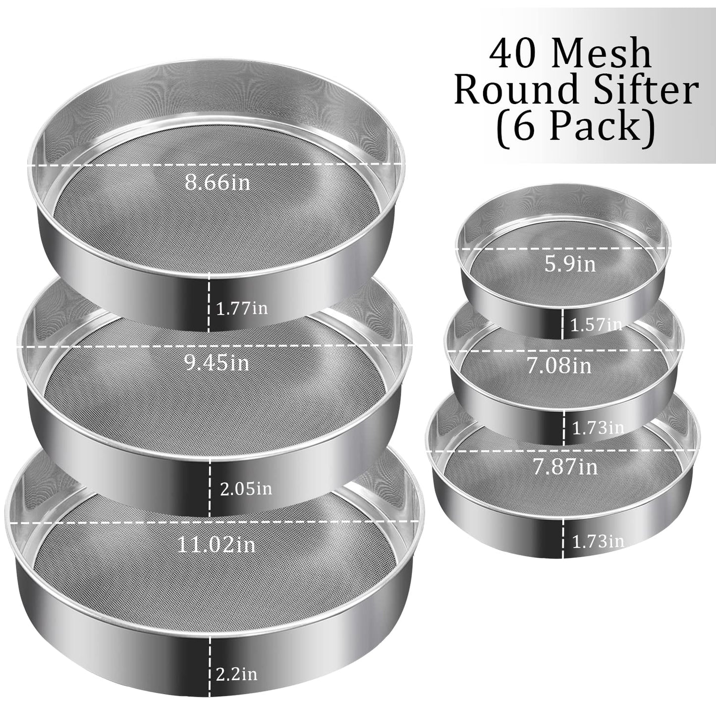 6 Pieces Stainless Steel Flour Sifter, Round Flour Sifter 40 Mesh, Premium Rustproof Flour Sieve Fine Mesh for Baking Cake Bread Pies Pastries Cupcakes（Different sizes）