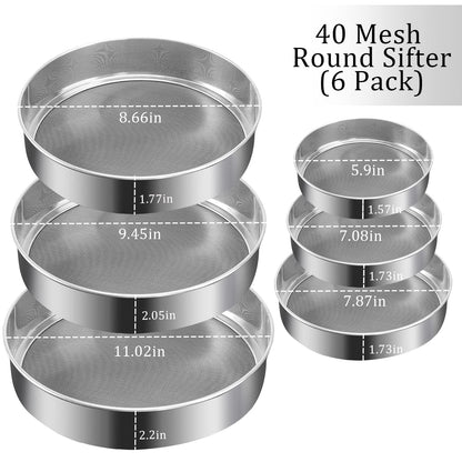 6 Pieces Stainless Steel Flour Sifter, Round Flour Sifter 40 Mesh, Premium Rustproof Flour Sieve Fine Mesh for Baking Cake Bread Pies Pastries Cupcakes（Different sizes）