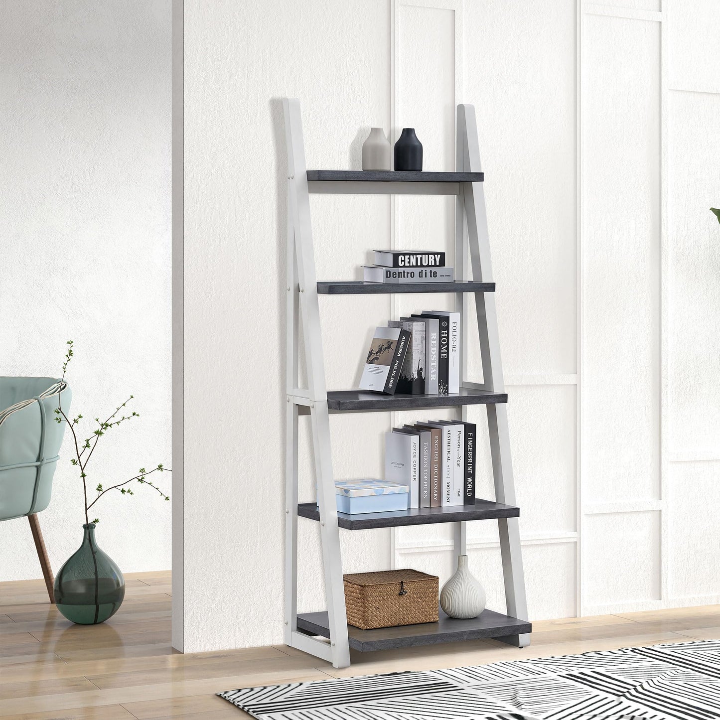 agnixnaf Gray Bookshelf with 4 Shelves, White Legs, Clean Lines, Ladder Bookcase, Industrial, for Office, Bedroom, Living Room, Study Room