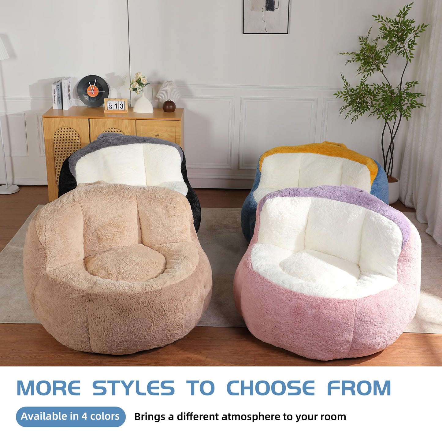 Amacv Oversized Bean Bag Chairs,Multicolor Faux Fur Couch Filled with Shredded Sponge,Large Lounger Sofa for Living Room,No Assembly Required, Blue+White+Yellow