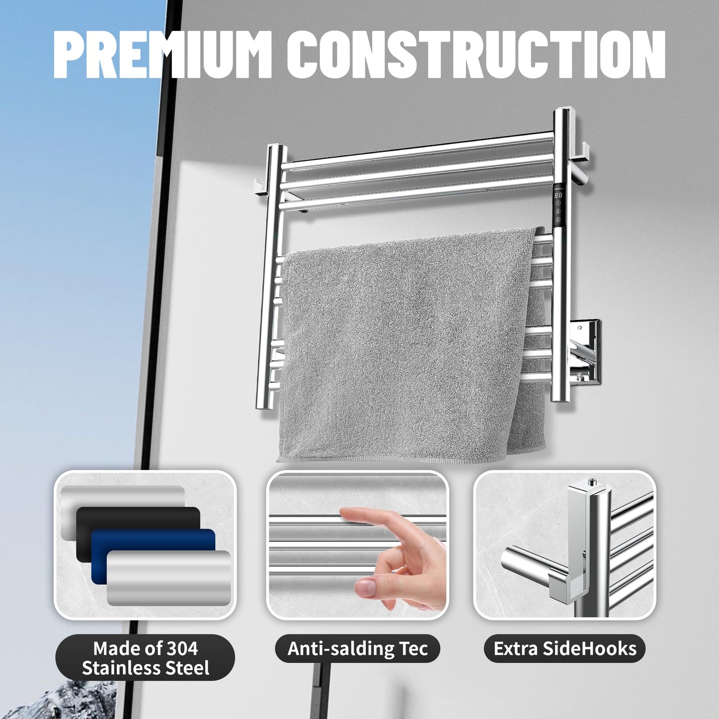 K&KALONZO Towel Warmer for Bathroom, Wall-Mounted 9-Bar Heated Towel Rack with Built-in Timer, Waterproof Electric Towel Heater, Support Plug-in and Hardwired, Polished, EL13S