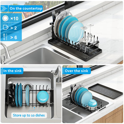 ANTOPY Sink Dish Drying Rack - Expandable Small Dish Rack Over Sinks with Silicone Drying Tray, Dish Drainer for Kitchen Counter with Cutlery Holder, Drying Rack Fit for 14’’-19’’ Kitchen Sink
