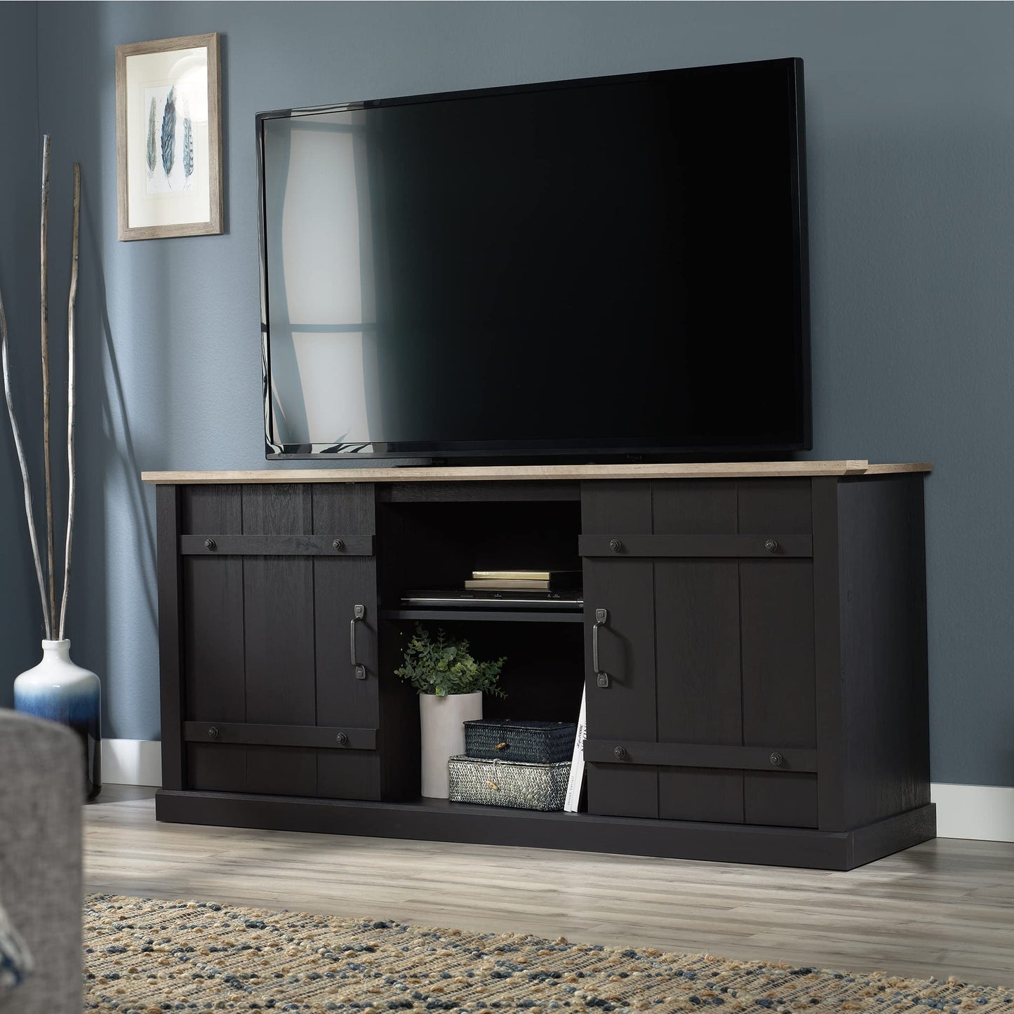 Sauder Misc Entertainment Farmhouse TV Stand, for TVs up to 70", Raven Oak Finish