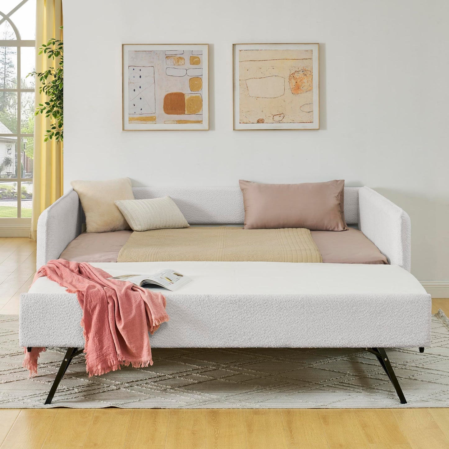 KEIKI Full Size Upholstery Tufted Daybed with Erectable Trundle, Full to King Design Modern Extendable Boucle Sofa Bed, Easy Assembly, No Box Spring Required, for Living Room and Bedroom, Beige