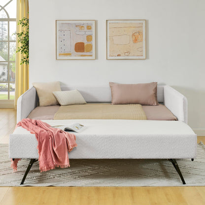 KEIKI Full Size Upholstery Tufted Daybed with Erectable Trundle, Full to King Design Modern Extendable Boucle Sofa Bed, Easy Assembly, No Box Spring Required, for Living Room and Bedroom, Beige