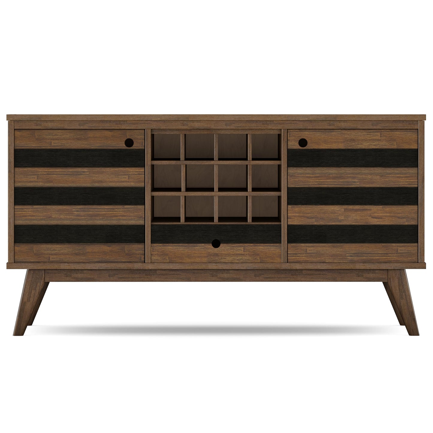 SIMPLIHOME Clarkson Buffet - 60 inch Wide Solid Acacia Wood 3-Door Sideboard Buffet in Rustic Natural Aged Brown, Mid-Century Cabinet for Dining Room or Kitchen with Wine Storage and Open Shelf