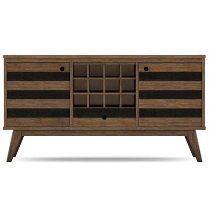 SIMPLIHOME Clarkson Buffet - 60 inch Wide Solid Acacia Wood 3-Door Sideboard Buffet in Rustic Natural Aged Brown, Mid-Century Cabinet for Dining Room or Kitchen with Wine Storage and Open Shelf