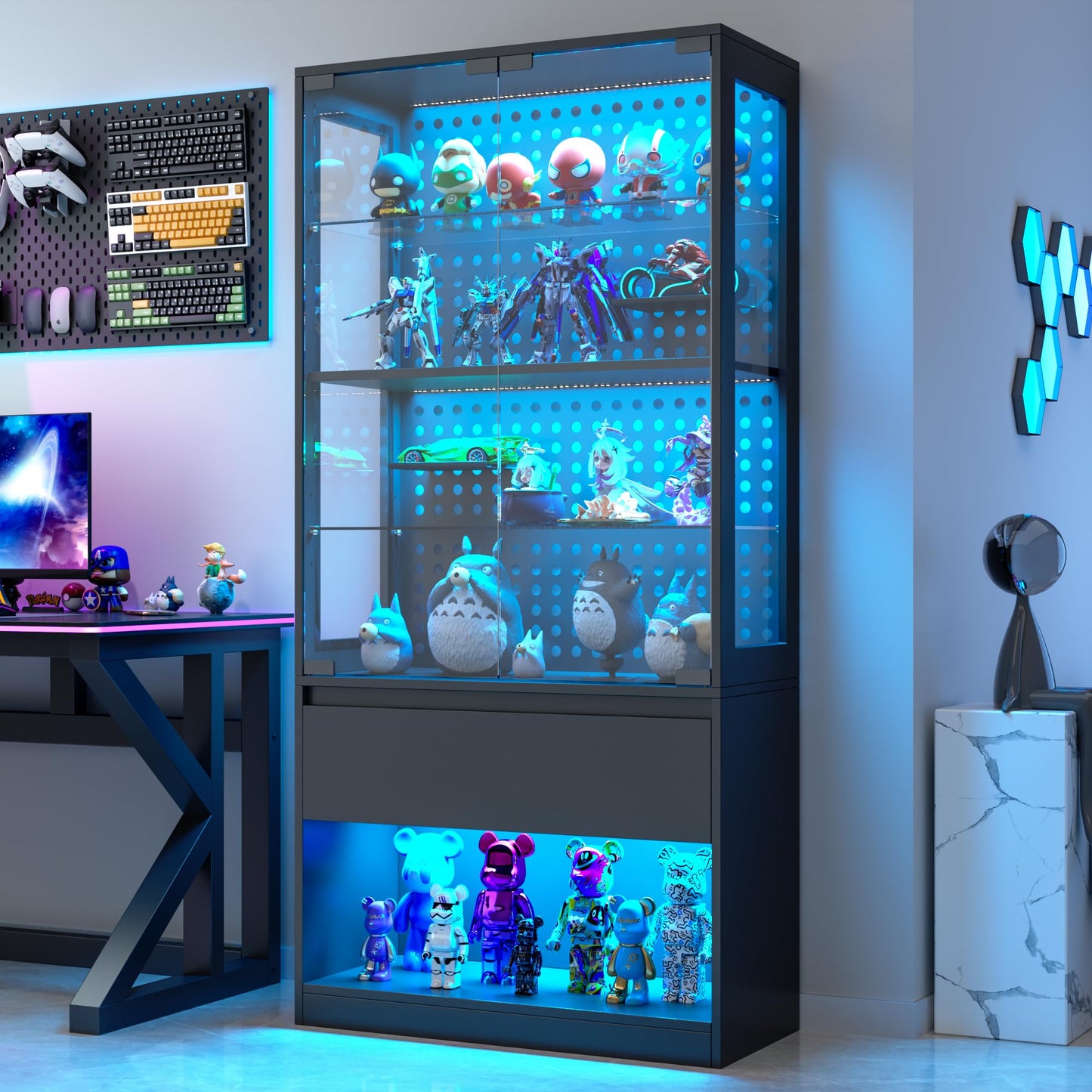 kepptory 5-Tier Glass Display Cabinet with Drawer and Glass Doors, Curio Cabinet with Pegboard and Adjustable Shelves, LED Display Case for Collectibles Gaming Liquor(31.5" W)