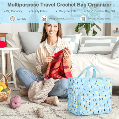 Katech Large Crochet Bag with Beginner Crochet Books, Yarn Storage Organizer Crochet Travel Bag for Crochet Hook, Knitting Accessories, Knitting Bag Crochet Tote Bag for Crochet Lover Gift