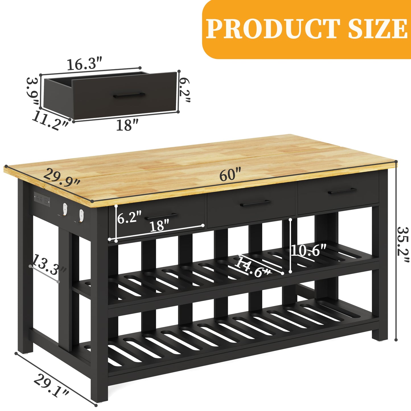 DynJest 60" Solid Rubberwood Kitchen Island with Power Outlets - Extra Large Work Surface, 3 Drawers & 2 Open Shelves Storage Cabinet for Kitchen Dining Room, Farmhouse Style (Black)