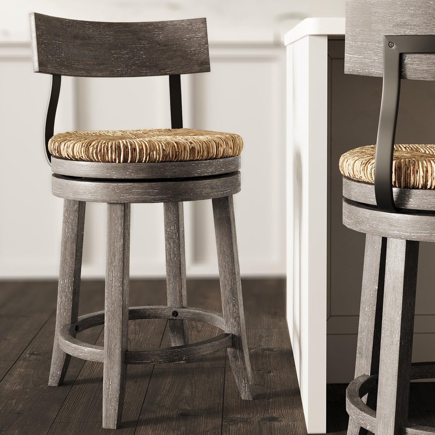 New Ridge Home Goods Farmhouse 26" Wood Counter-Height Bar Stool with Natural Seagrass Seat, Reclaimed Gray