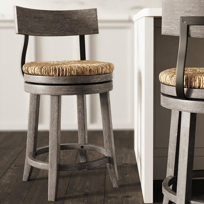 New Ridge Home Goods Farmhouse 26" Wood Counter-Height Bar Stool with Natural Seagrass Seat, Reclaimed Gray