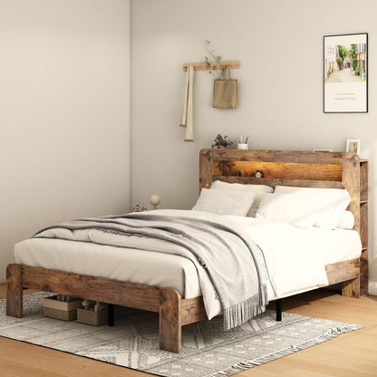 KEIKI Bed Frame King Size, Wood Platform Bed Frame with Storage LED Light Headboard and 2 USB, Noise Free, No Box Spring Needed and Easy Assembly Tool, Large Under Bed Storage, Dark Brown