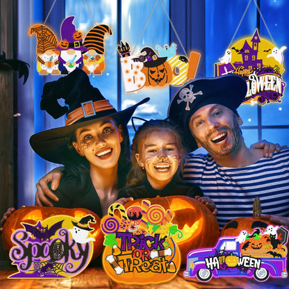 Chiisong 6 Pcs Halloween Diamond Art Painting Kits Hanging Sign Set Witch Pumpkin Gnome Glow in The Dark Diamond Art Painting Kits Halloween Hanger Adult 5d DIY Craft for Wall Door Window Porch Decor
