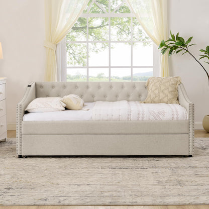 Ball & Cast Twin Size Upholstered Daybed with Pop Up Trundle & USB Port,Twin to King Daybed Frame with Button Tufted Backrest & Nailhead Trim Design, Extendable Trundle Bed,No Box Spring Neeed,Beige