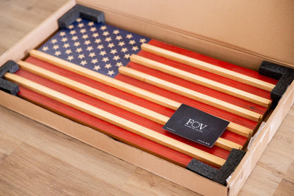 Flags of Valor American Flag Challenge Coin Display Holds 100 Coins Wooden Military Coin Holder Wall Decor Veteran Made Patriotic Flag Art Ready to Hang USA Handmade (Medium Unframed, 19" H x 36" W)