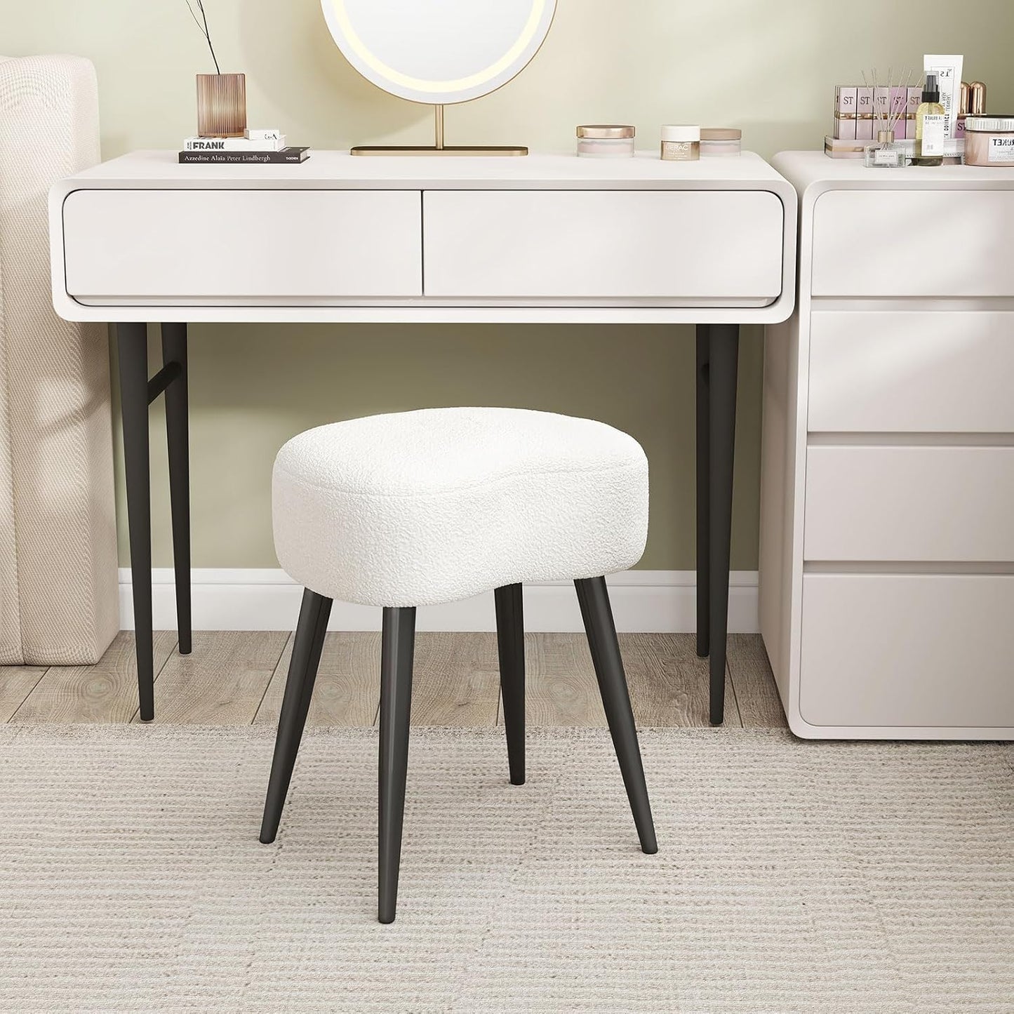 17.7in Teddy Velvet Vanity Stool, Upholstered Makeup Chair with Sturdy Metal Legs, Soft Padded Ottoman Footrest, Modern