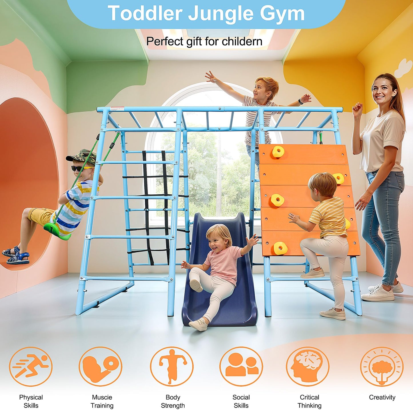 YuAnWe 6 in 1 Indoor Playground, Metal Jungle Gym with Climbing Wall, Slide, Monkey Bars, Rope Ladders and Two Swings, Playset for Kids Ages 3-12