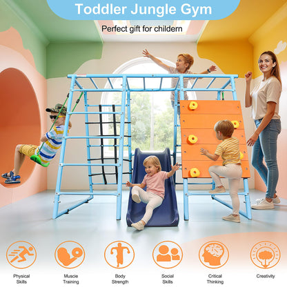 YuAnWe 6 in 1 Indoor Playground, Metal Jungle Gym with Climbing Wall, Slide, Monkey Bars, Rope Ladders and Two Swings, Playset for Kids Ages 3-12