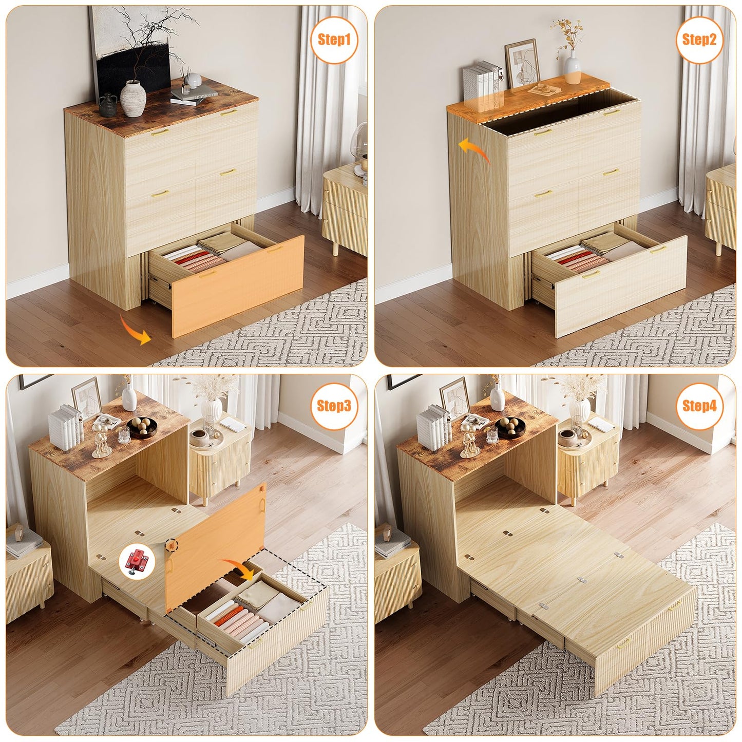 VINGLI Twin Murphy Bed with Storage Drawer,Fluted Wooden Foldable Bed Cabinet with Charging Station,Boho,Hideaway Paltform Panel Bed for Small Spaces,Guest Room,Office,Apartment,Beige