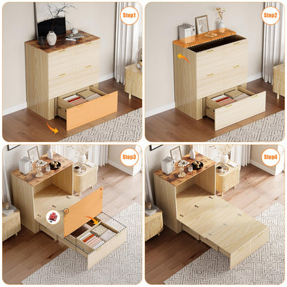 VINGLI Twin Murphy Bed with Storage Drawer,Fluted Wooden Foldable Bed Cabinet with Charging Station,Boho,Hideaway Paltform Panel Bed for Small Spaces,Guest Room,Office,Apartment,Beige