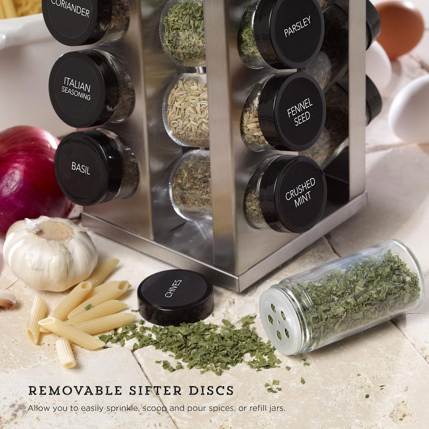 20 Countertop 5 Kamenstein Jar Heritage Revolving Spice Rack with Spices Included, Brushed Stainless Steel Rotating