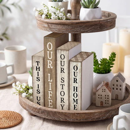 Lineshading 4 Pcs Farmhouse Table Decor Wooden Rustic Our Home Our Story Life Table Centerpiece Farmhouse Book Stack Block Sign for Tabletop Shelf Tiered Tray Desk Living Room Fireplace Home