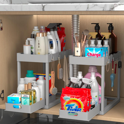 2PC Under Sink Organizer Rack 2 Tier Under Sliding Cabinet Basket Organizer Drawer with 4 Hooks, Multi-purpose Under Sink Storage for Bathroom Kitchen Desktop（Black）