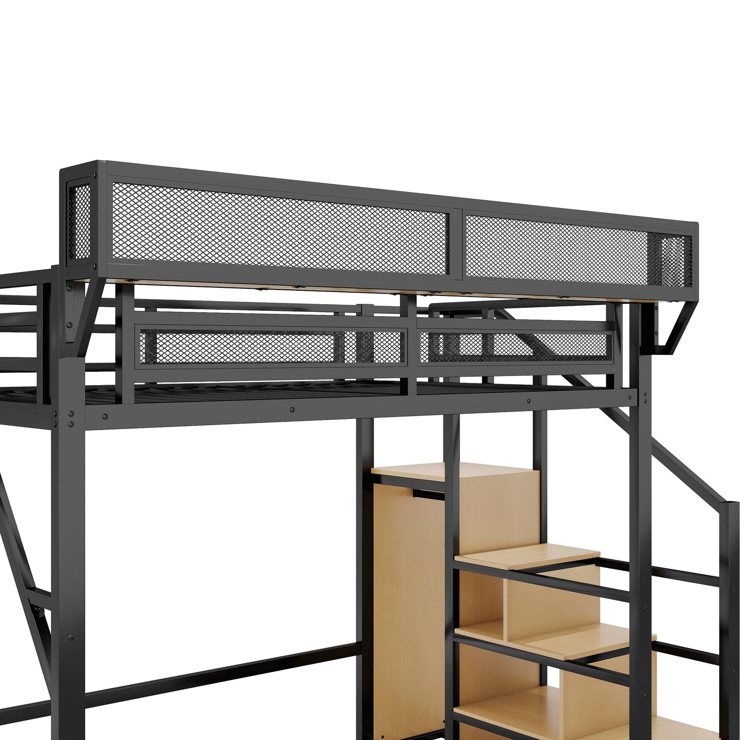 DNYN Full Size Loft Bed with Storage Shelves & Wardrobe & Staircase Design for Kids/Adults Bedroom,Sturdy Metal High Bedframe w/Safety Guardrails,Super Save Space & No Box Spring Needed, Black