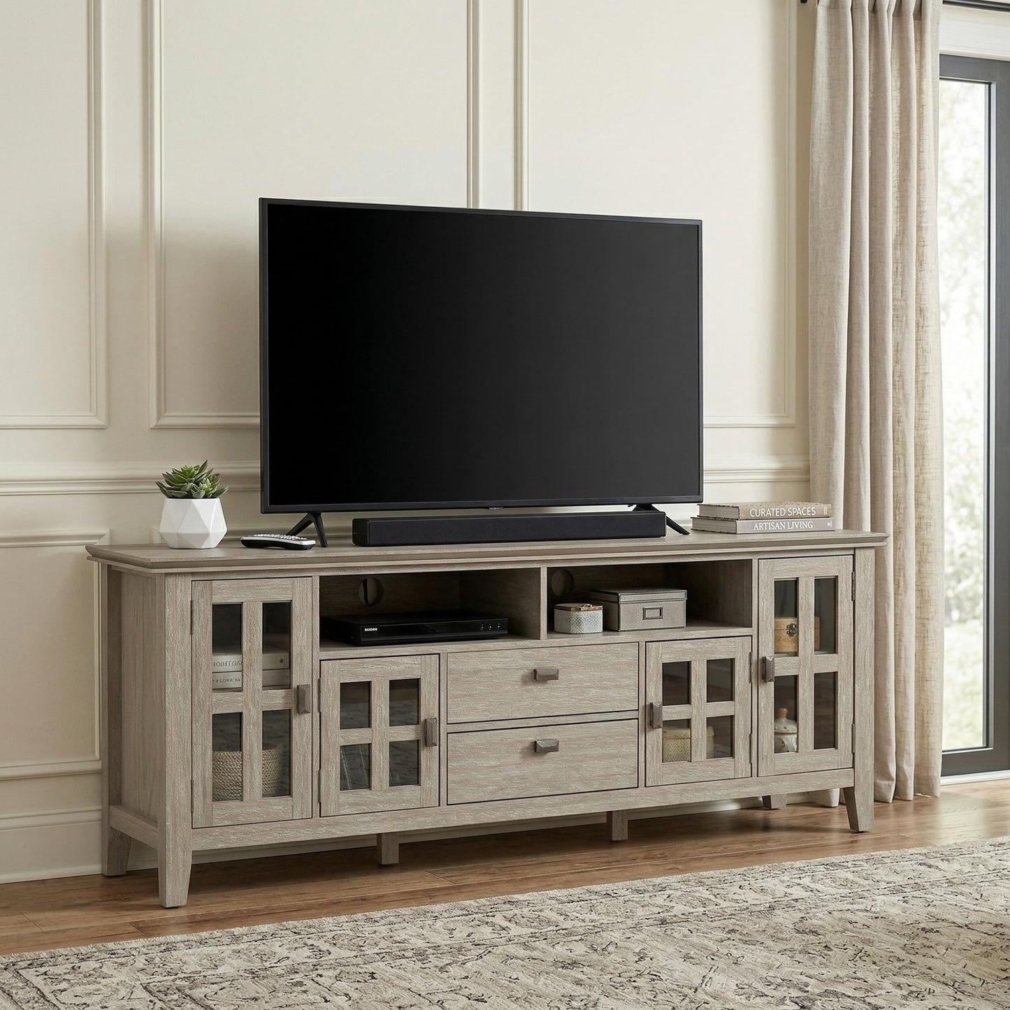 SIMPLIHOME Artisan TV Stand - 72 inch Wide Solid Wood Media Console in Distressed Grey, Contemporary Entertainment Center for Living Room for TVs up to 80 Inches with Drawers and Cable Management