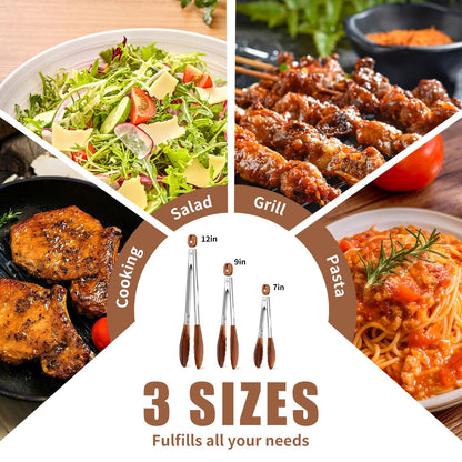 Wooden Tongs for Cooking Set of 3 (7",9",12") Natural Walnut Wooden kitchen Tongs for Grilling, Serving, BBQ and Tossing Salad etc | Ergonomic Stainless Steel Non-Slip Grip, Heat Resistant, Pull Lock