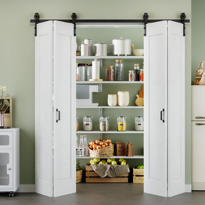 72" x 84" 1 Panel Bifold Barn Door, 80" Track Kit for 4 Closet Doors, Pre-Assembled Panel Bi-fold Barn Door for Pantry, Primed White Finish with Water-Resistant and Scratch-Resistant, Paintable