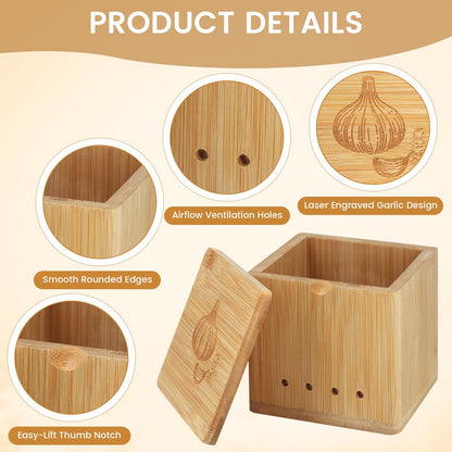 OYPGUE Bamboo Garlic Keeper for Counter, Large Garlic Holder Storage with Lid 4.72 x 4.72 x 4.72inch Rustic Garlic Jar Container to Keep Your Garlic Cloves Fresh Longer (Bamboo)